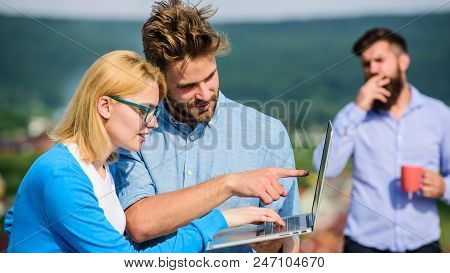 Workaholics Concept. Colleagues With Laptop Work Outdoor Sunny Day, Nature Background. Couple Works 