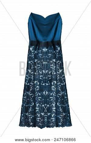 Elegant Blue Strapless Silk Dress With Lacy Skirt On White Background