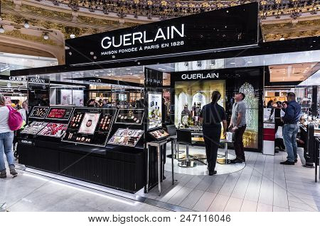 Paris, France - June 30, 2017: People Shop In The Guerlain Section In The Galeries Lafayette, Most F