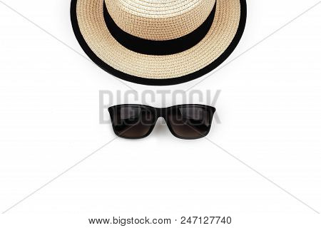 Sunprotection Objects Sunglasses And Hat. Lay Flat. Top View.