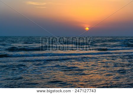 Sunset Over The Sea On Wild Beach Of Persian Gulf Coast. Bushehr Province. Iran