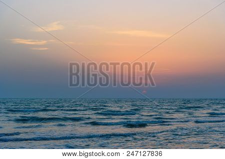 Sunset Over The Sea On Wild Beach Of Persian Gulf Coast. Bushehr Province. Iran