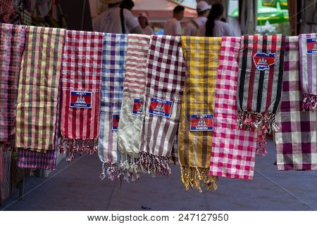 Siem Reap, Cambodia - 14 April 2018: Traditional Cambodian Scarves On Souvenir Market. Tourist Souve