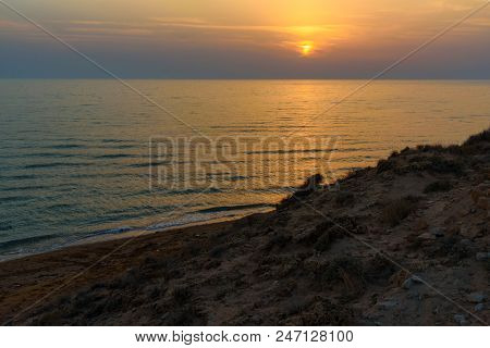 Sunset Over The Sea On Wild Beach Of Persian Gulf Coast. Bushehr Province. Iran