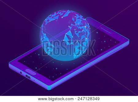 Vector 3d Isometric Ultraviolet Smartphone With World Hologram. Puple Globe On Display Of Electronic