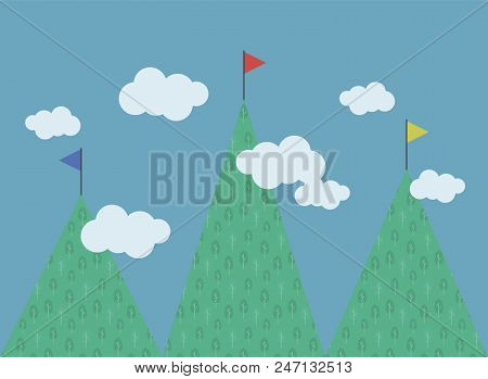 Three Green Mountains With A Pattenre Deciduous Trees Of Different Heights Multi-colored Flags On To