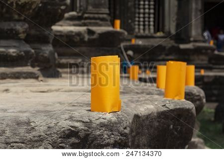 Khmer New Year Paper Lantern On Cambodian Temple. Khmer New Year Celebration Tradition. Paper Lanter