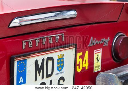 Saalbach-hinterglemm, Austria - June 21 2018: Ferrari Dino Oldsmobile Vintage Veteran Cars Preparing