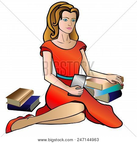 A Girl Is Reading An E-book (electronic Book) Sitting On The Floor. Vector Illustration