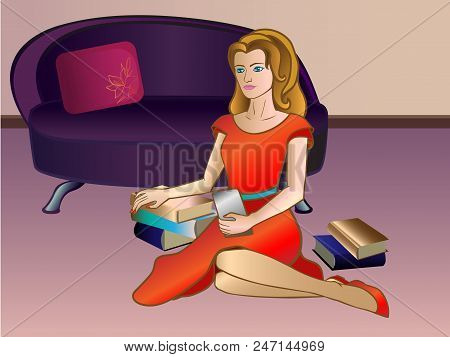 Girl Is A Reader Of An Electronic Book In The Interior With Book. Woman Reading Sitting On The Floor