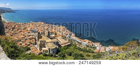 Panoramic Aerial View Of Cefalu Old Town, Sicily, Italy. Cefalu Is One Of The Major Tourist Attracti