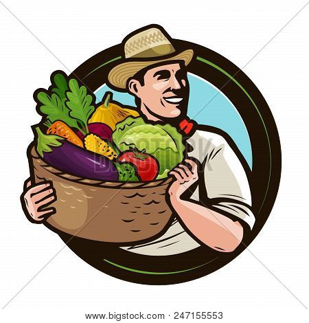 Farmer With A Basket Full Of Fresh Vegetables. Agriculture, Farming Concept. Cartoon Vector