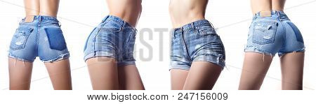 Sexy Woman In Fashion Blue Jeans Shorts. Perfect Hot Booty And Erotic Curves Hips. Set Of Female Bod