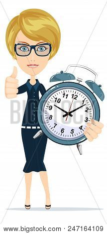 Smiling Cartoon Businesswoman With Alarm Clocks, Symbolizing Time Management. Stock Flat Vector Illu