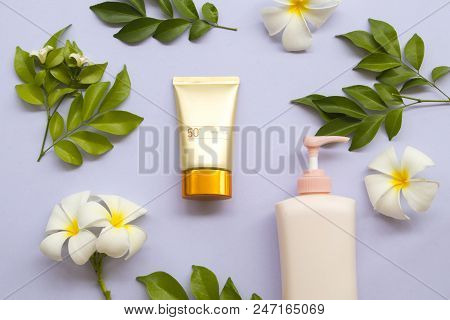Natural Cosmetic Skin Face Sunscreen Spf50 Of Lifestyle Woman Relax Summer On Background White