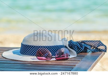 Sunprotection Objects On The Beach In Holiday Sunglasses Hat Suncare