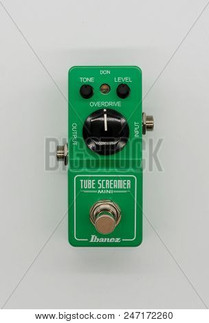 Ibanez Tube Screamer Mini. Overdrive Guitar Pedal Isolated On White Background.
