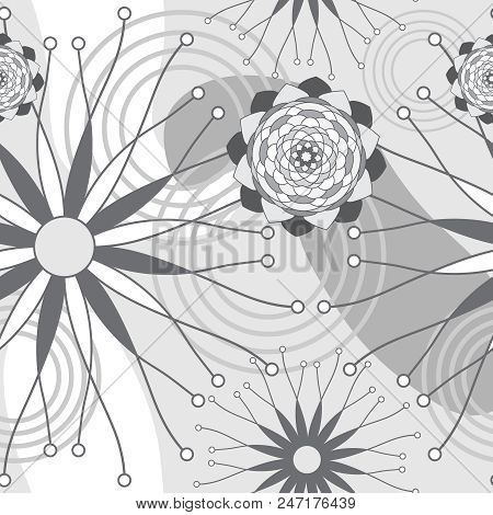 Grey And White Geometric Modern Flowers Seamless Repeat Pattern. Background. Surface Pattern Design.