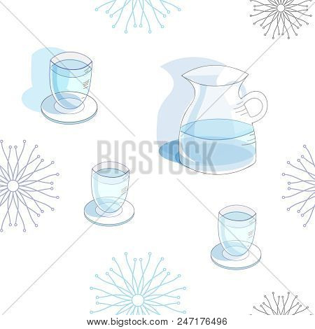 Light Blue Water Jug Glasses Of Water Seamless Repeat Pattern. Background. Surface Pattern Design.