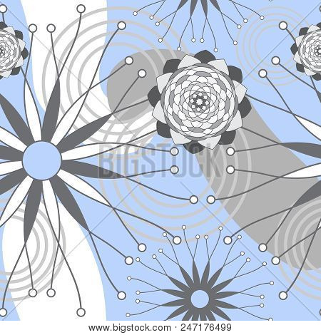 Light Blue And Grey Geometric Modern Flowers Seamless Repeat Pattern. Background. Surface Pattern De