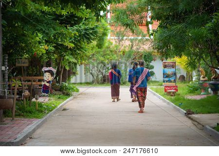 Khao Wong, Kalasin - June 16, 2018: People Travel At Wat Wang Kham Temples In  Kalasin Province Thai