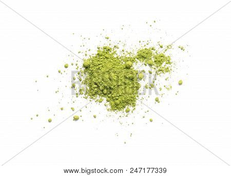 Pile Of Powdered Matcha Tea On White Background, Top View