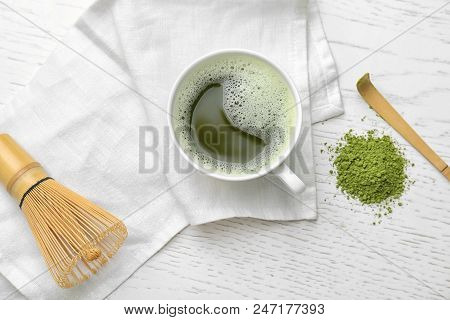 Flat Lay Composition With Matcha Tea On Light Background