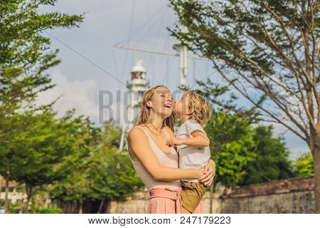 Mom And Son On Background Of Fort Cornwallis In Georgetown, Penang, Is A Star Fort Built By The Brit