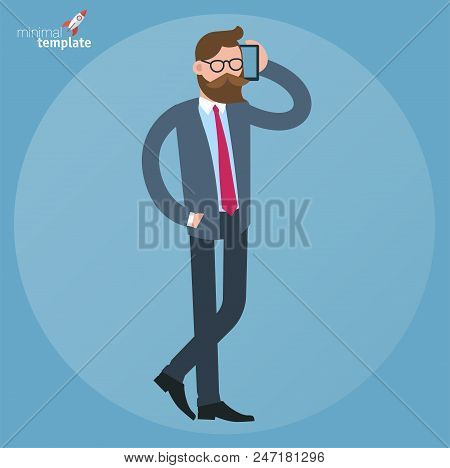 Cartoon Men In Business Suit Mobile Speaking Doodle Icon Concept. Flat Design, Vector Template Illus