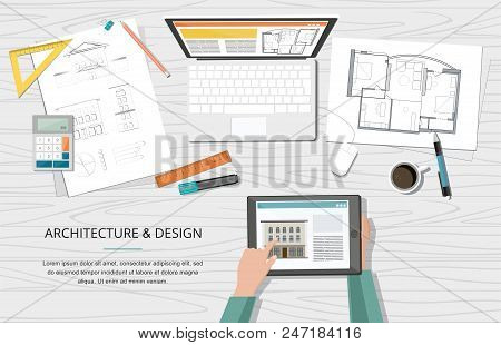 Workplace - Construction Project Architect House Plan With Tools, Laptop And Notebook. Construction 