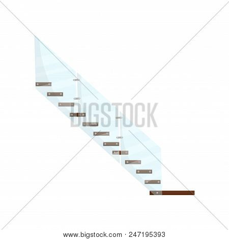 Modern Staircase With Wooden Steps And Glass Handrails. Element For Interior Of Business Office Buil