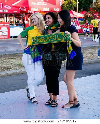 Brazilian Football Fans In The Fifa Fan Fest At Sparrow Hills Aka Vorobyovy Gory In Moscow At Fifa F
