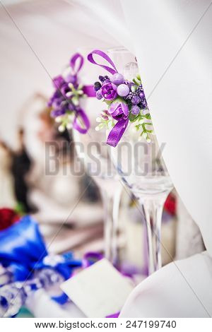 Glasses And Decoration On Wedding Table Setting, Selective Focus