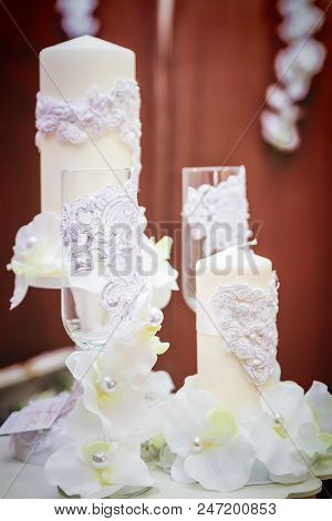Glasses And Decoration On Wedding Table Setting, Selective Focus