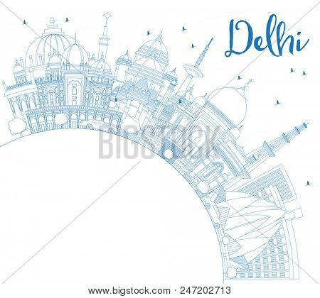 Outline Delhi India City Skyline with Blue Buildings with Copy Space. Business Travel and Tourism Concept with Historic Architecture. Delhi Cityscape with Landmarks.
