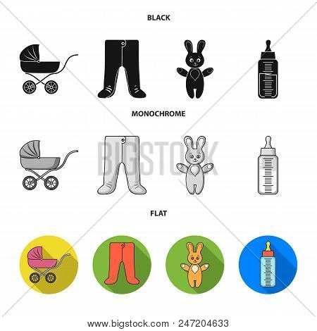 Stroller, Bottle With A Pacifier, Toy, Sliders.baby Born Set Collection Icons In Black, Flat, Monoch
