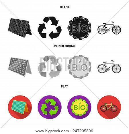 Bio Label, Eco Bike, Solar Panel, Recycling Sign.bio And Ecology Set Collection Icons In Black, Flat