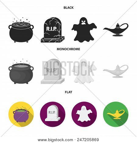 A Witch Cauldron, A Tombstone, A Ghost, A Gin Lamp.black And White Magic Set Collection Icons In Bla