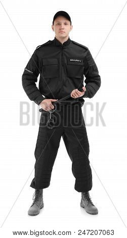 Male Security Guard With Police Baton On White Background