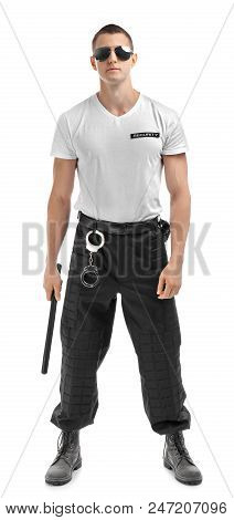 Male Security Guard With Police Baton On White Background