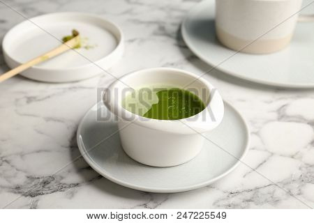 Chawan With Fresh Matcha Tea On Table