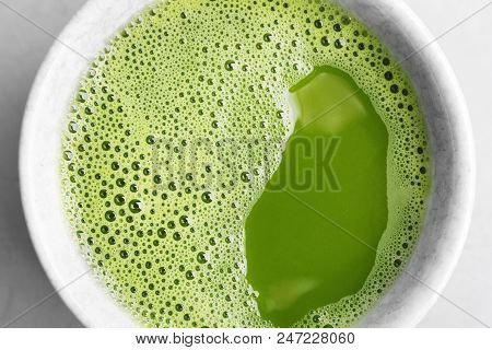 Chawan With Fresh Aromatic Matcha Tea, Closeup