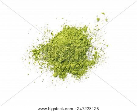 Pile Of Powdered Matcha Tea On White Background, Top View