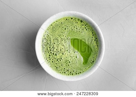 Chawan With Fresh Matcha Tea On Grey Background, Top View