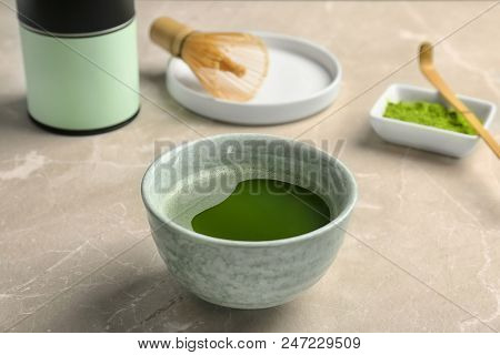 Chawan With Fresh Matcha Tea On Table
