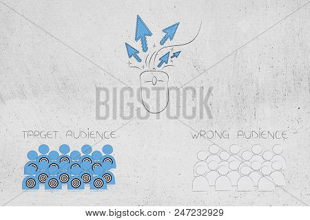 Marketing And Targeting Conceptual Illustration: Mouse With Clickrate With Target Audience And Wrong