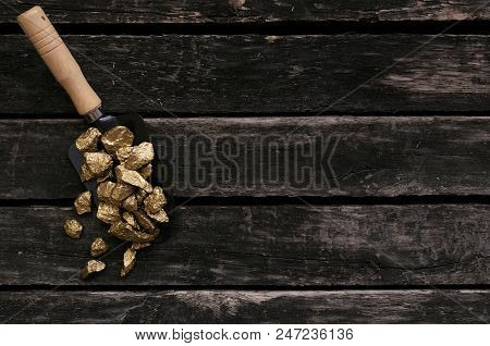Gold Ore Nuggets In Shovel On Old Adventurer Table. Goldminer Treasure Hunter Concept.