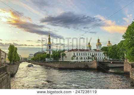 Saint Petersburg Sunset City Skyline At Saint Nicholas Naval Cathedral, Saint Petersburg, Russia