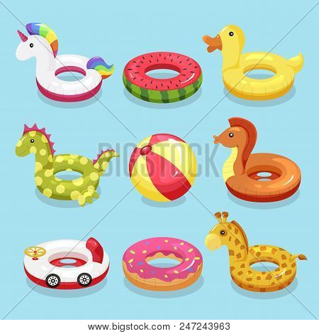Inflatable Swimming Ring Set. Cute Water Toys To Keep Afloat When Kids Are Learning To Swim. Vector 
