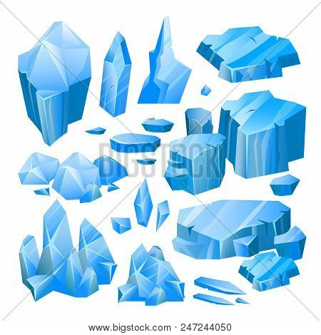 Blue Ice Pieces. Parts Of Glacier, Frozen Water Blocks. Vector Flat Style Cartoon Illustration Isola